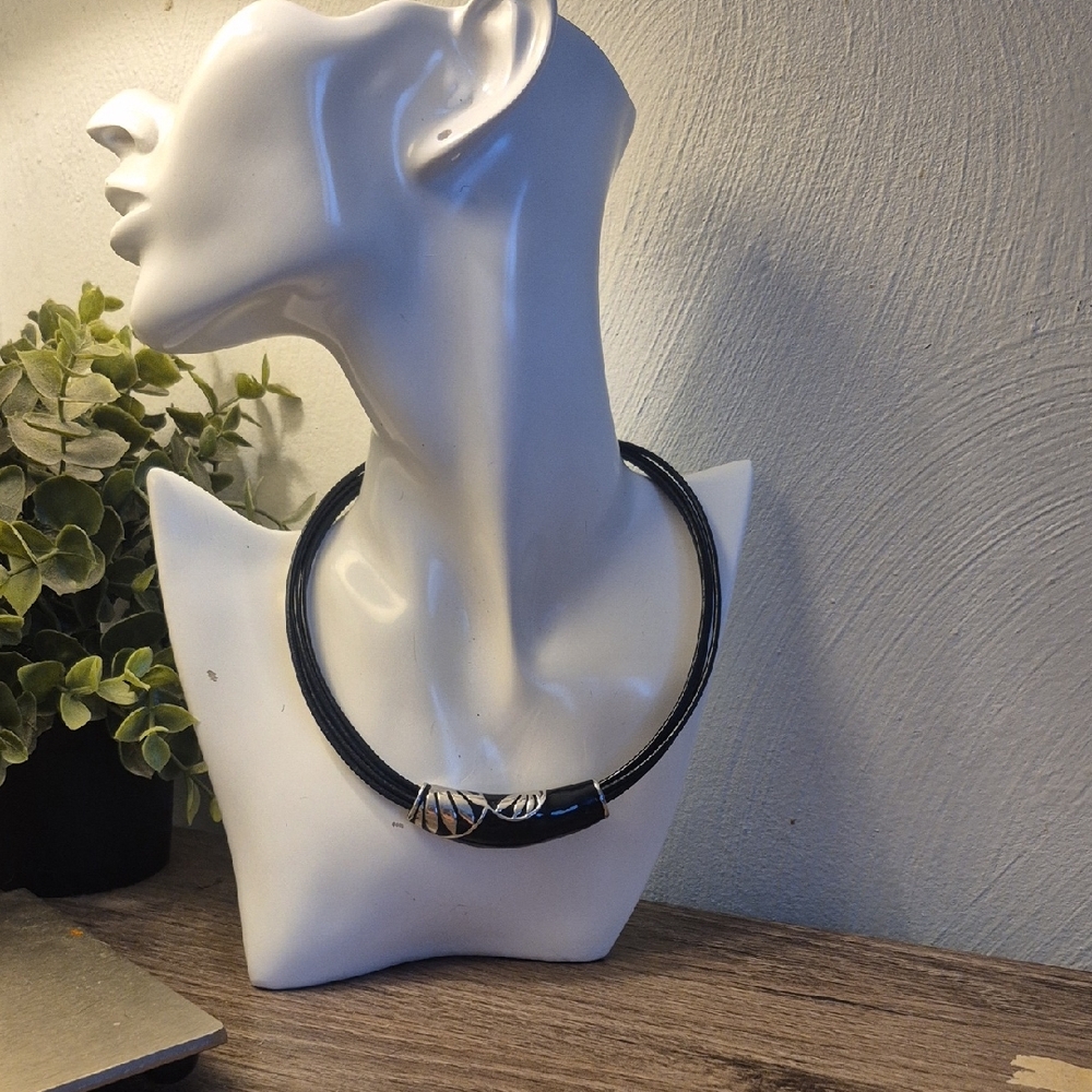 Black Leather Choker Collar Necklace With Silver And Black Enamel Slider